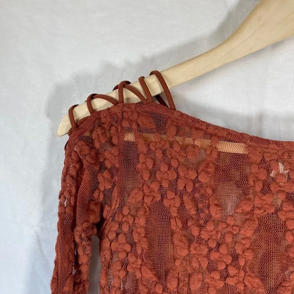 Intimately Free People Burnt Orange Lace Top Lattice‎ Tie Sleeves Sz XS